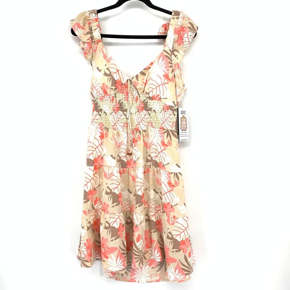 Madden NYC Tie Back Smocked Waist Mini Dress Womens Sz Large Beige Floral NEW